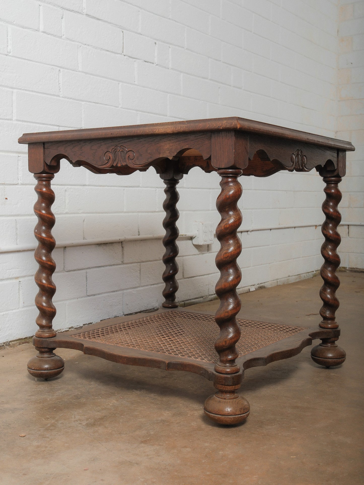 Antique Oak Tile-Top Side Table with Nautical Scene and Barley Twist Legs