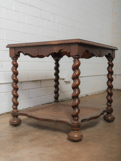 Antique Oak Tile-Top Side Table with Nautical Scene and Barley Twist Legs