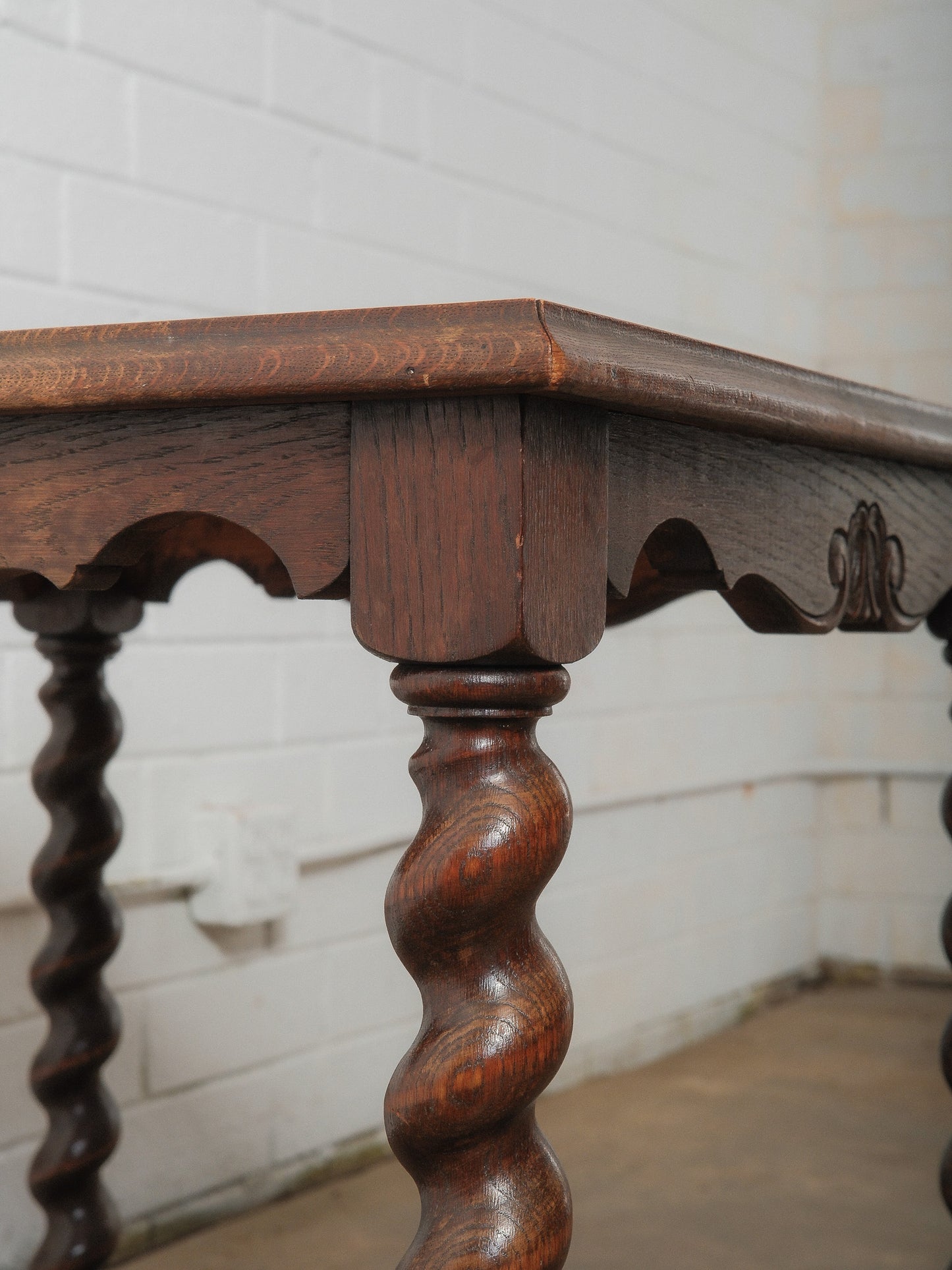 Antique Oak Tile-Top Side Table with Nautical Scene and Barley Twist Legs
