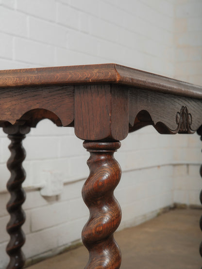 Antique Oak Tile-Top Side Table with Nautical Scene and Barley Twist Legs