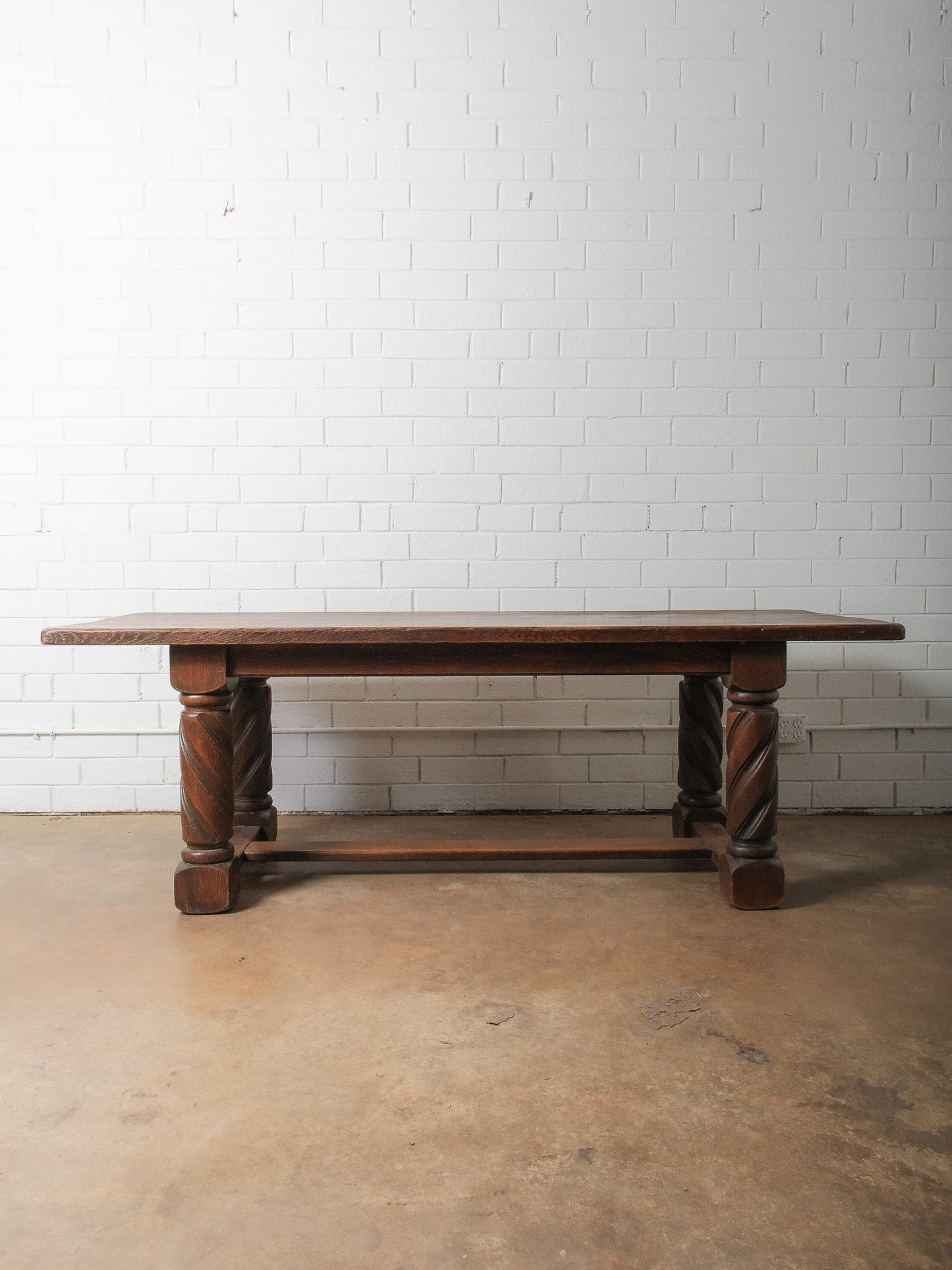 Antique Solid Oak Dining Table with Barley Twist Legs and Stretcher Base