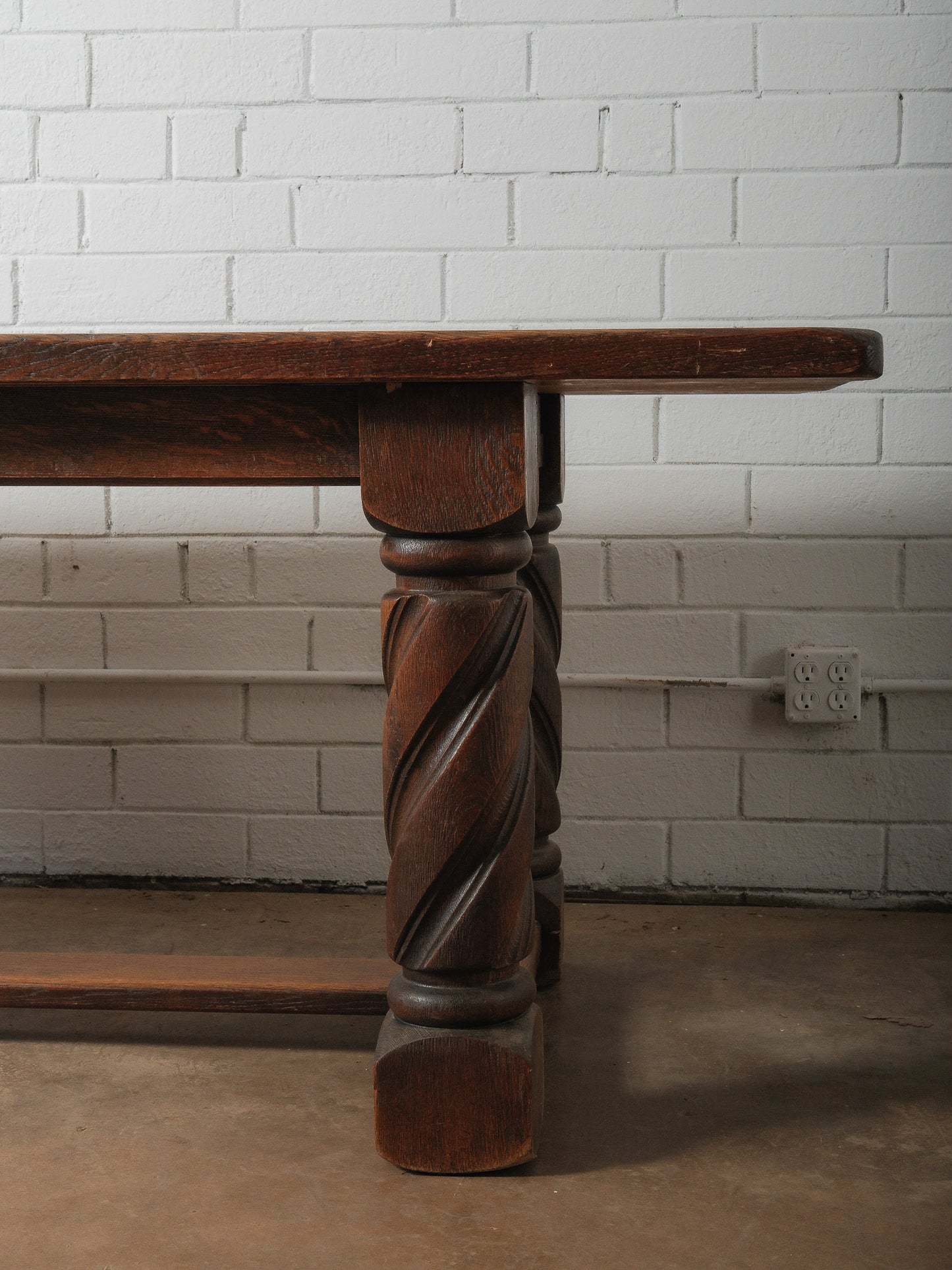 Antique Solid Oak Dining Table with Barley Twist Legs and Stretcher Base