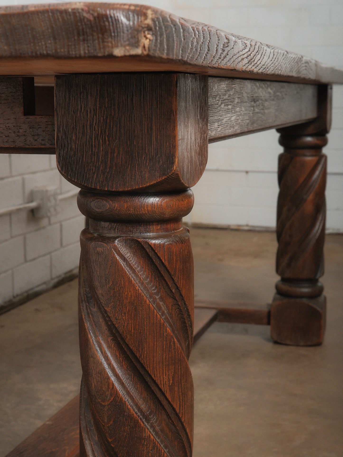 Antique Solid Oak Dining Table with Barley Twist Legs and Stretcher Base