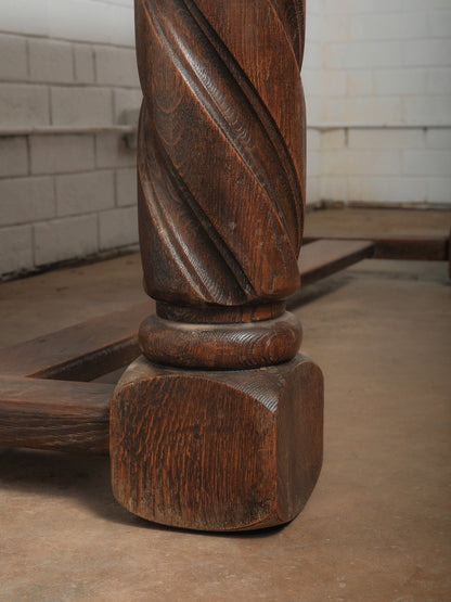 Antique Solid Oak Dining Table with Barley Twist Legs and Stretcher Base