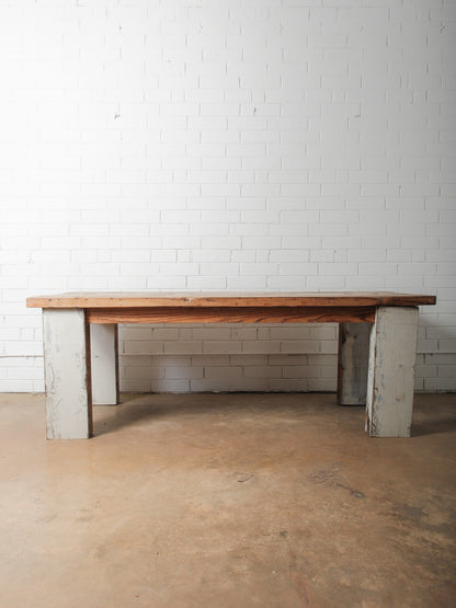 Rustic Farmhouse Dining Table with Natural Wood Slice Inlays and Painted Base