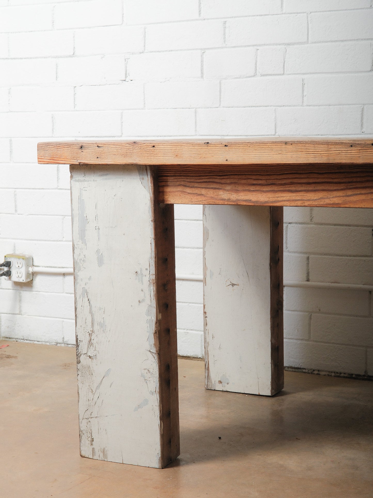 Rustic Farmhouse Dining Table with Natural Wood Slice Inlays and Painted Base