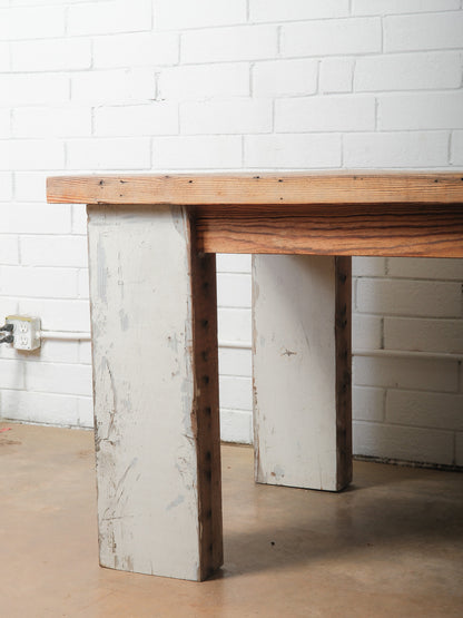 Rustic Farmhouse Dining Table with Natural Wood Slice Inlays and Painted Base