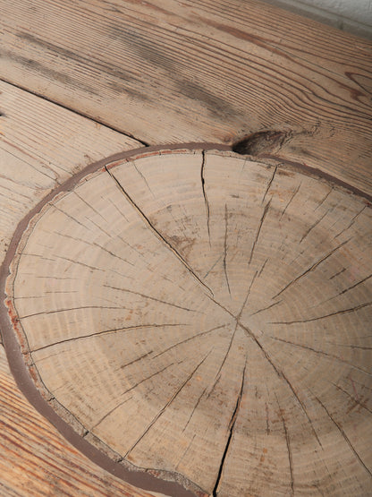Rustic Farmhouse Dining Table with Natural Wood Slice Inlays and Painted Base