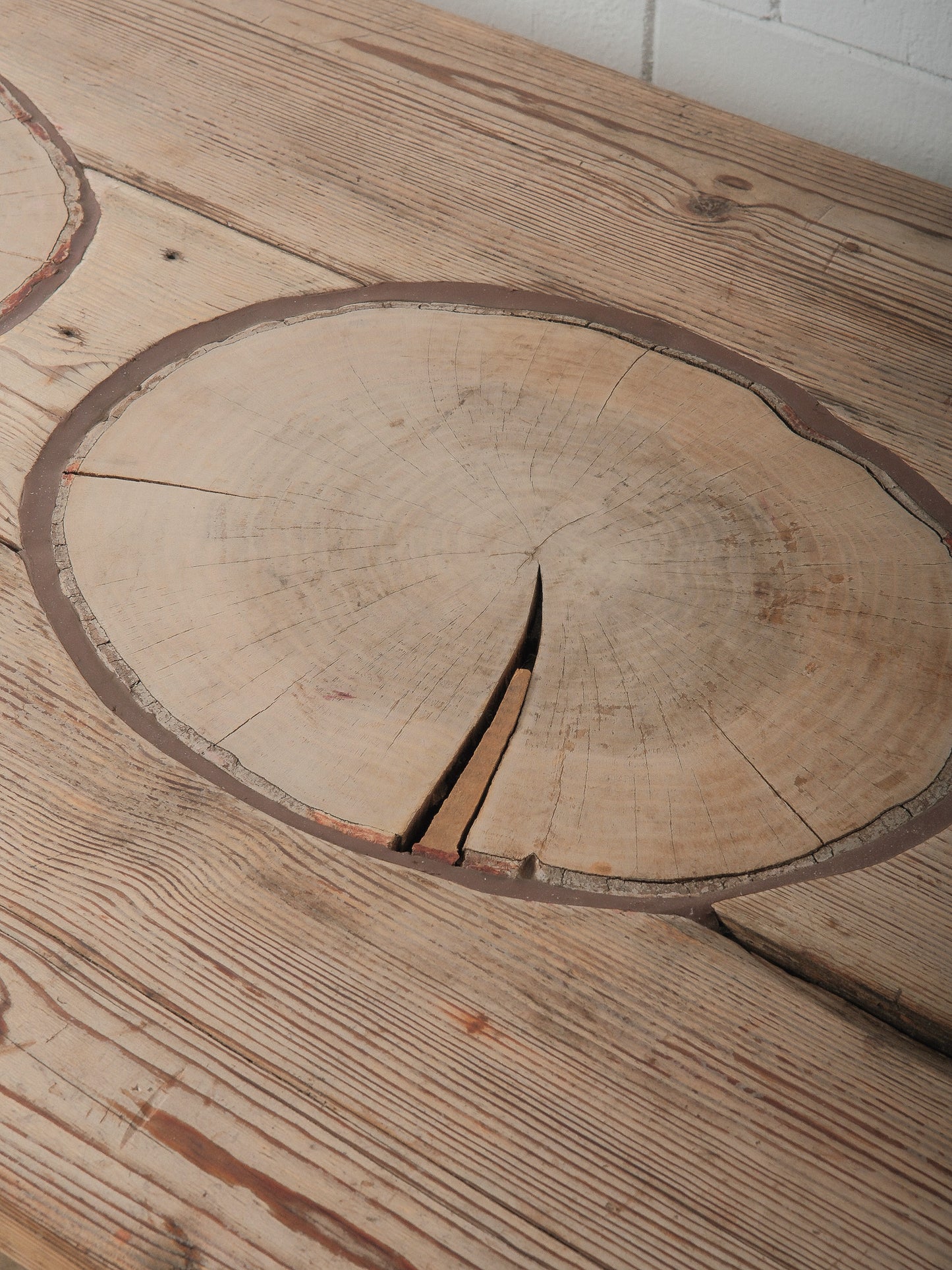 Rustic Farmhouse Dining Table with Natural Wood Slice Inlays and Painted Base