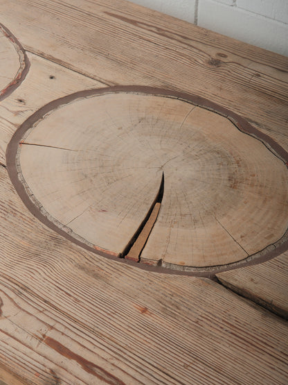 Rustic Farmhouse Dining Table with Natural Wood Slice Inlays and Painted Base