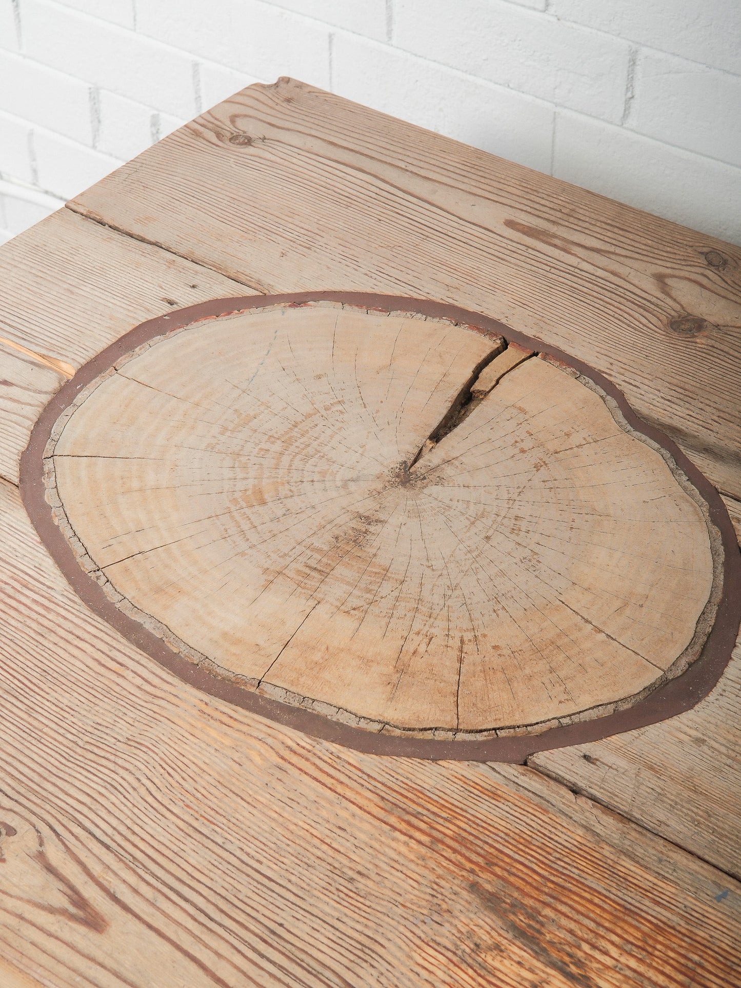 Rustic Farmhouse Dining Table with Natural Wood Slice Inlays and Painted Base