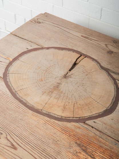 Rustic Farmhouse Dining Table with Natural Wood Slice Inlays and Painted Base