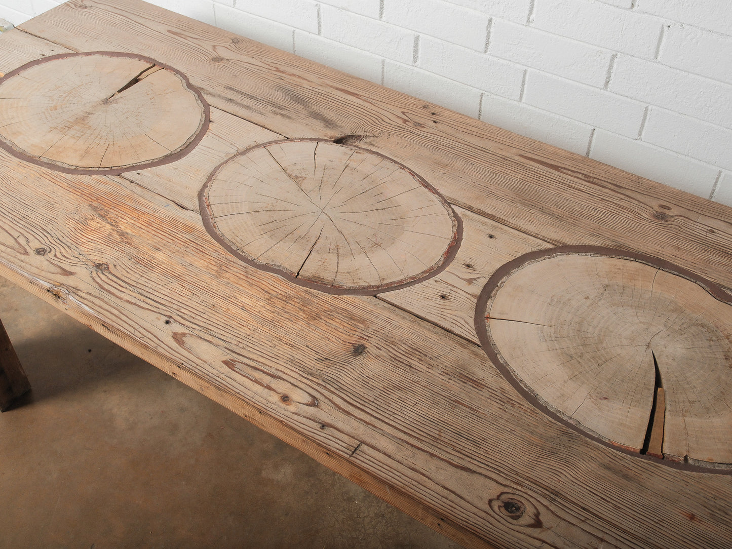 Rustic Farmhouse Dining Table with Natural Wood Slice Inlays and Painted Base
