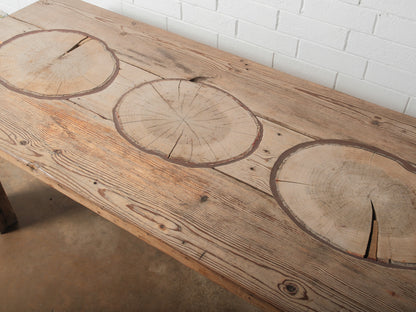 Rustic Farmhouse Dining Table with Natural Wood Slice Inlays and Painted Base
