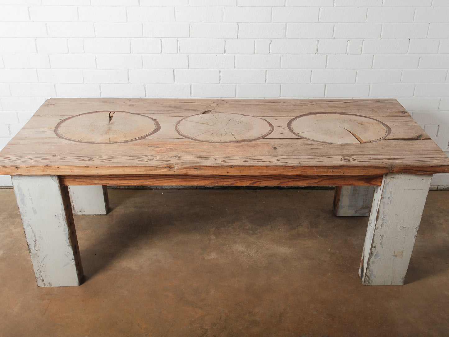 Rustic Farmhouse Dining Table with Natural Wood Slice Inlays and Painted Base