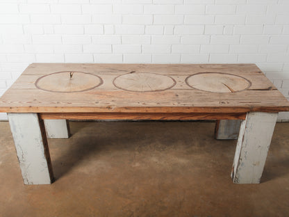 Rustic Farmhouse Dining Table with Natural Wood Slice Inlays and Painted Base