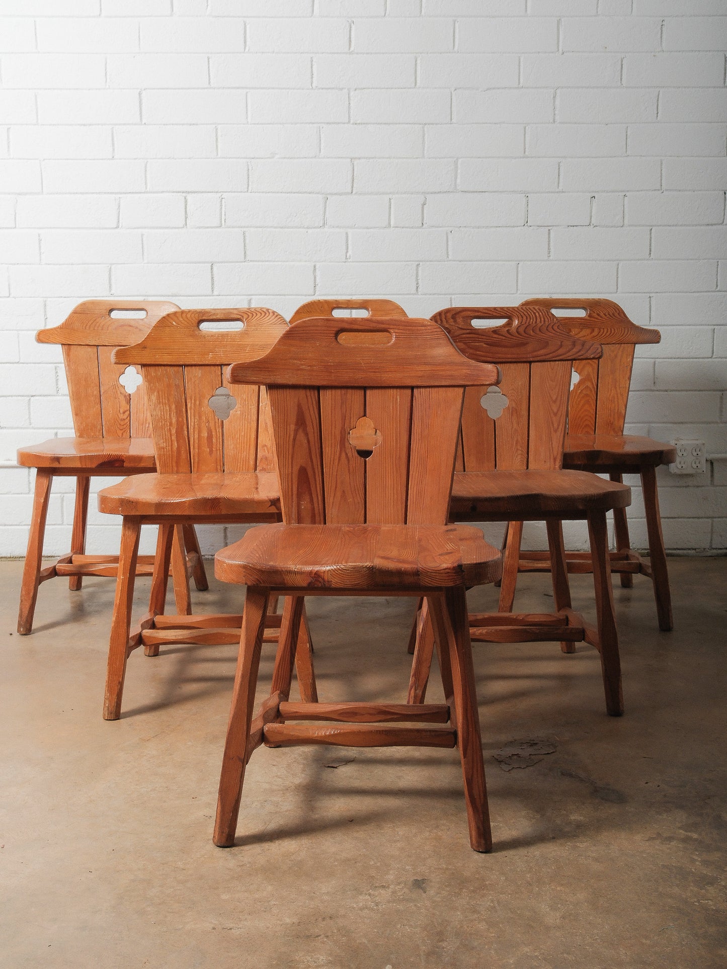 Set of 6 Vintage Alpine Pine Chairs with Cut-Out Backs and Rustic Patina