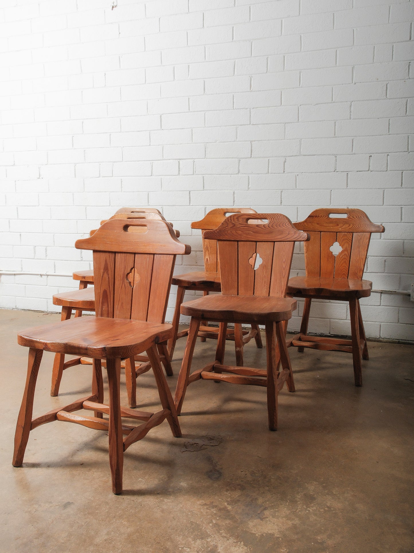 Set of 6 Vintage Alpine Pine Chairs with Cut-Out Backs and Rustic Patina