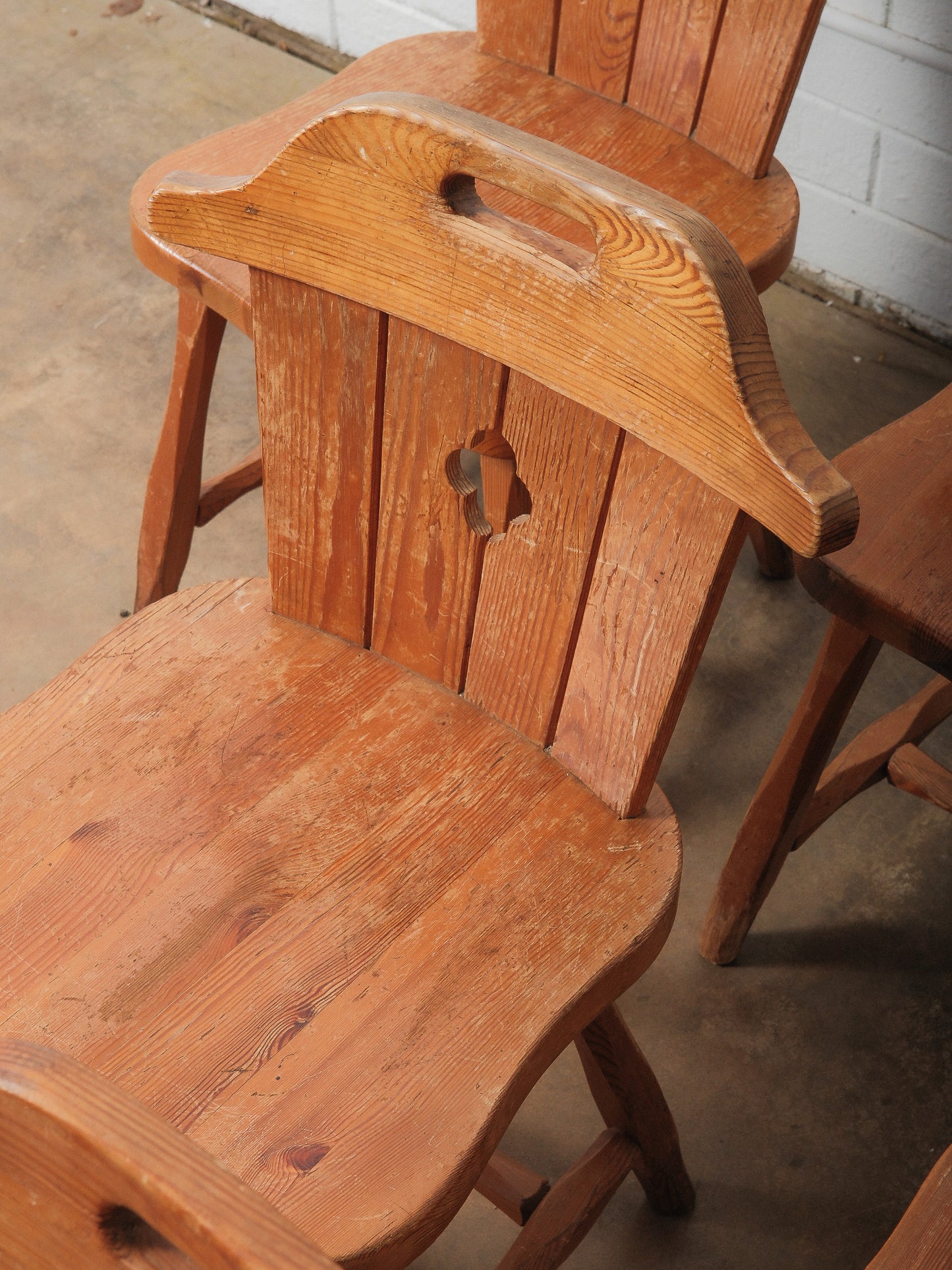 Set of 6 Vintage Alpine Pine Chairs with Cut-Out Backs and Rustic Patina