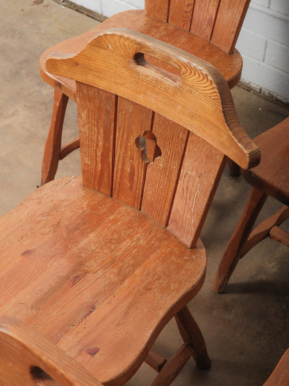 Set of 6 Vintage Alpine Pine Chairs with Cut-Out Backs and Rustic Patina