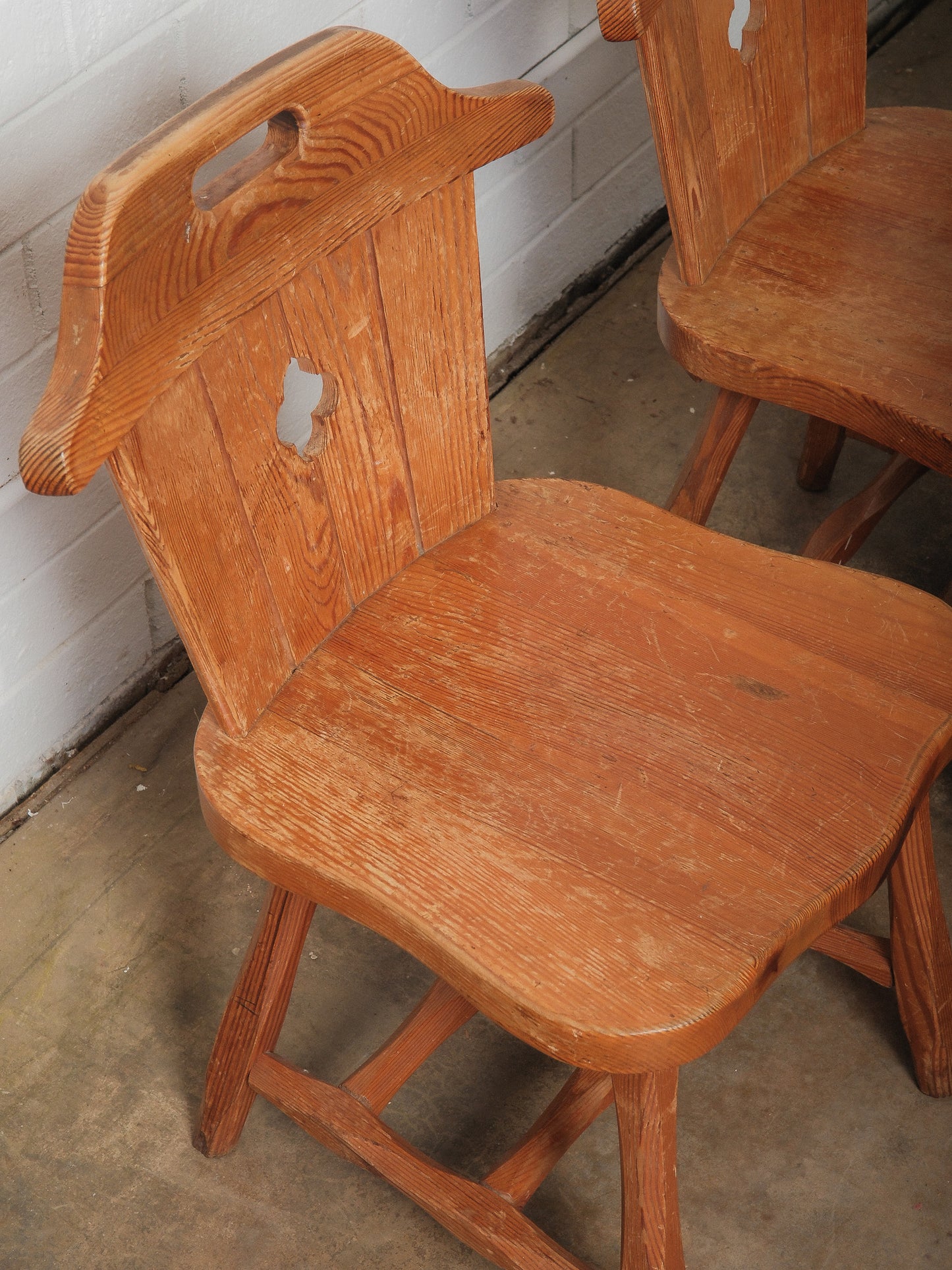 Set of 6 Vintage Alpine Pine Chairs with Cut-Out Backs and Rustic Patina