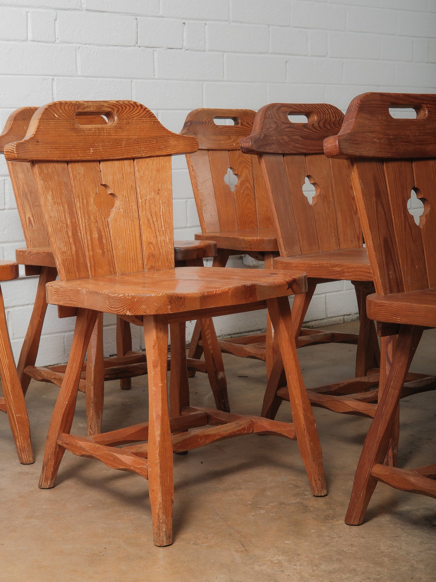 Set of 6 Vintage Alpine Pine Chairs with Cut-Out Backs and Rustic Patina