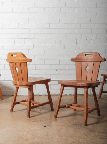 Set of 6 Vintage Alpine Pine Chairs with Cut-Out Backs and Rustic Patina