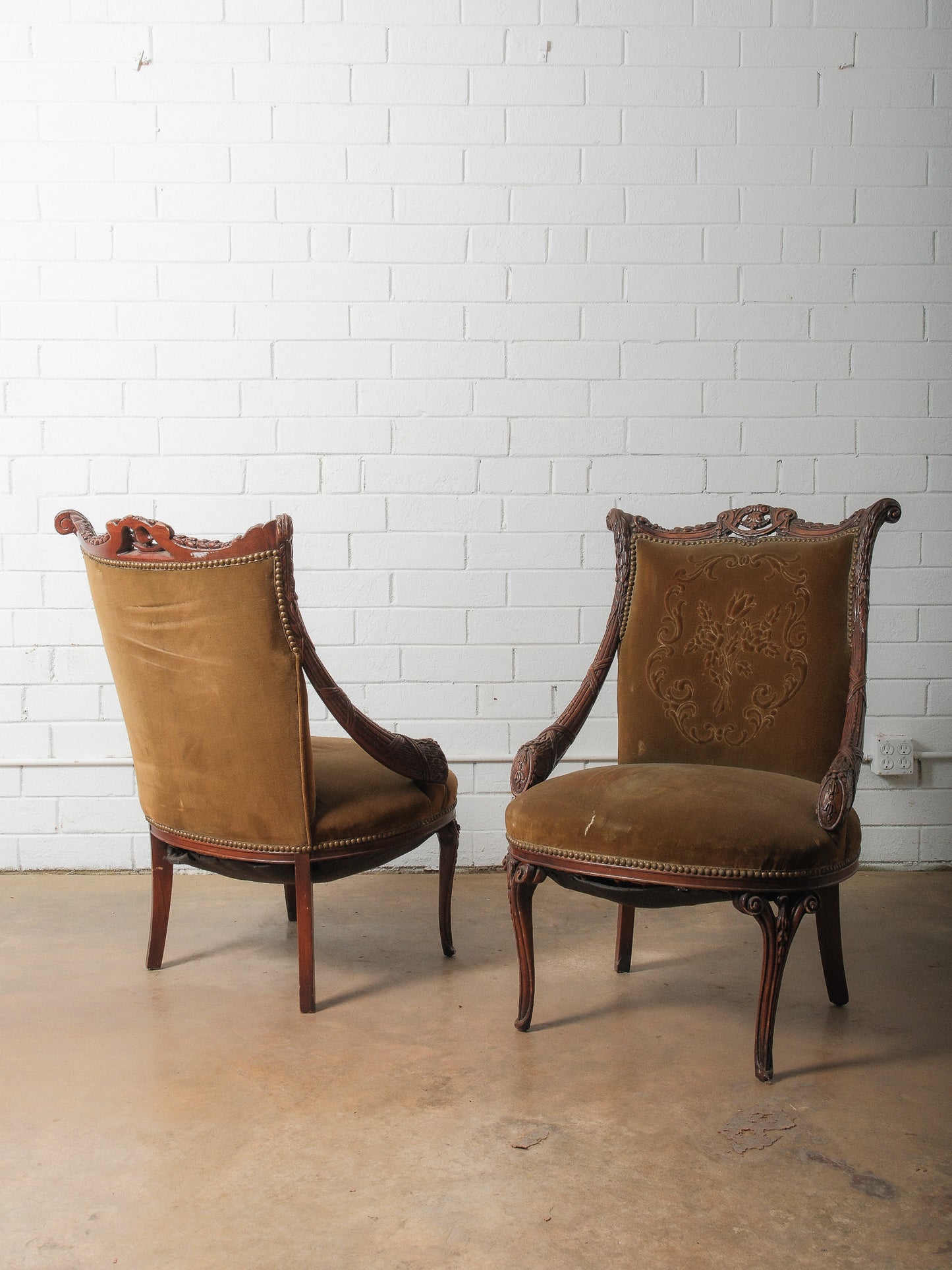 Pair of Antique French Carved Walnut Armchairs with Velvet Upholstery
