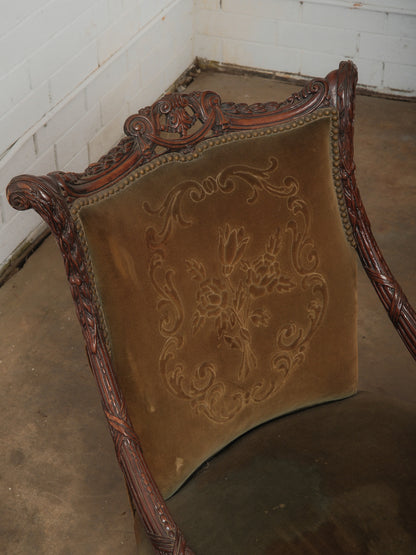 Pair of Antique French Carved Walnut Armchairs with Velvet Upholstery