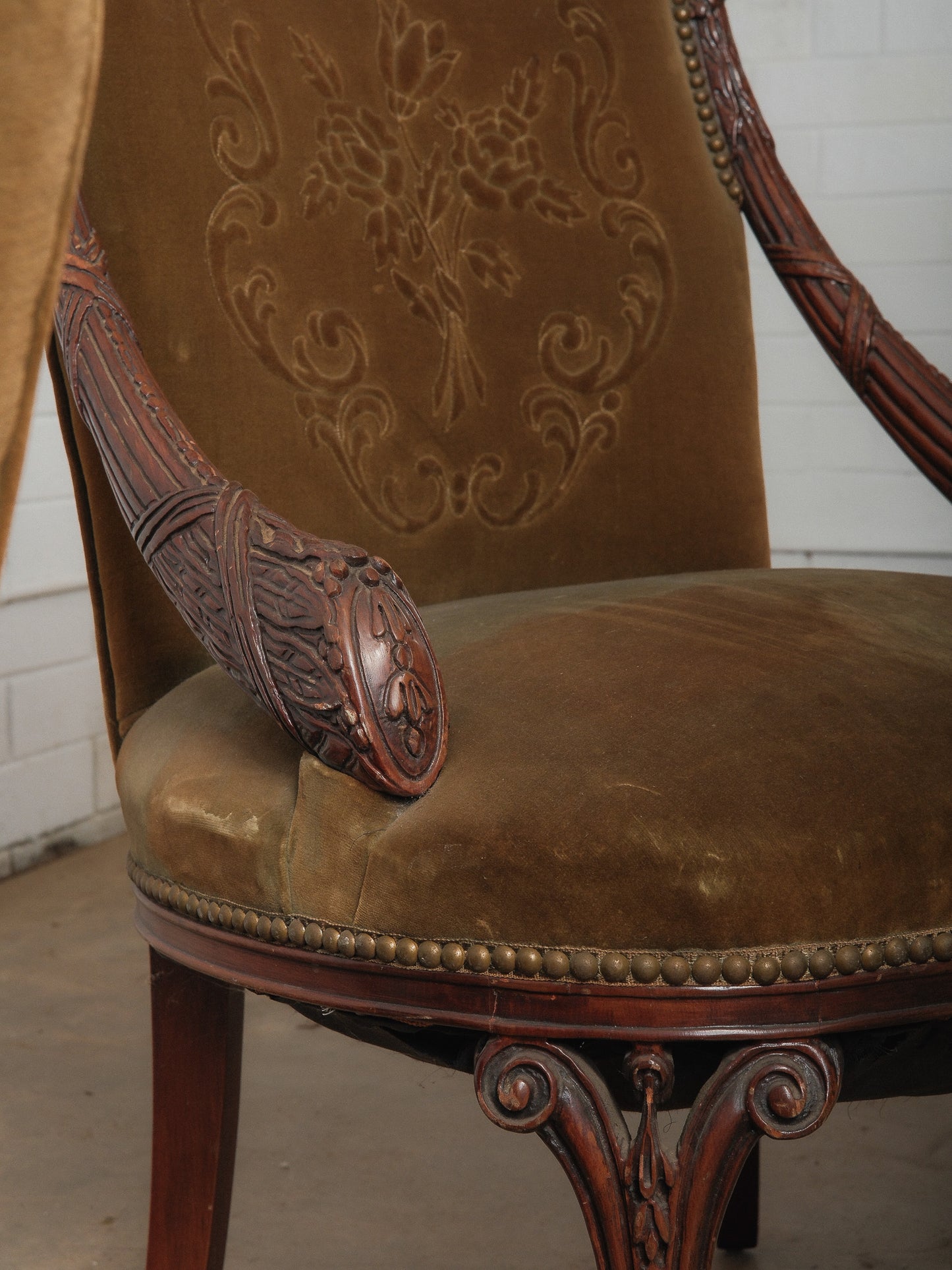 Pair of Antique French Carved Walnut Armchairs with Velvet Upholstery