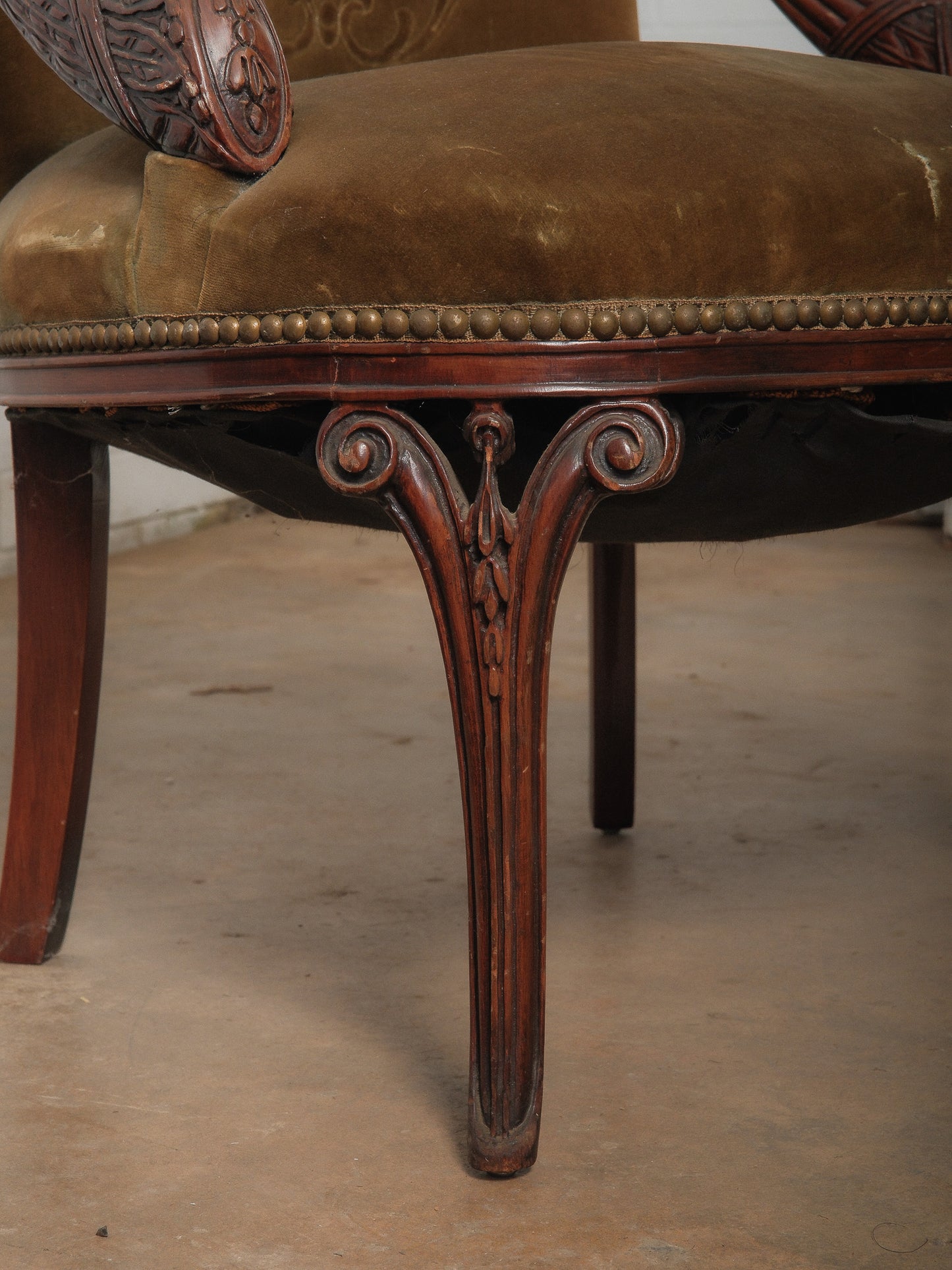 Pair of Antique French Carved Walnut Armchairs with Velvet Upholstery