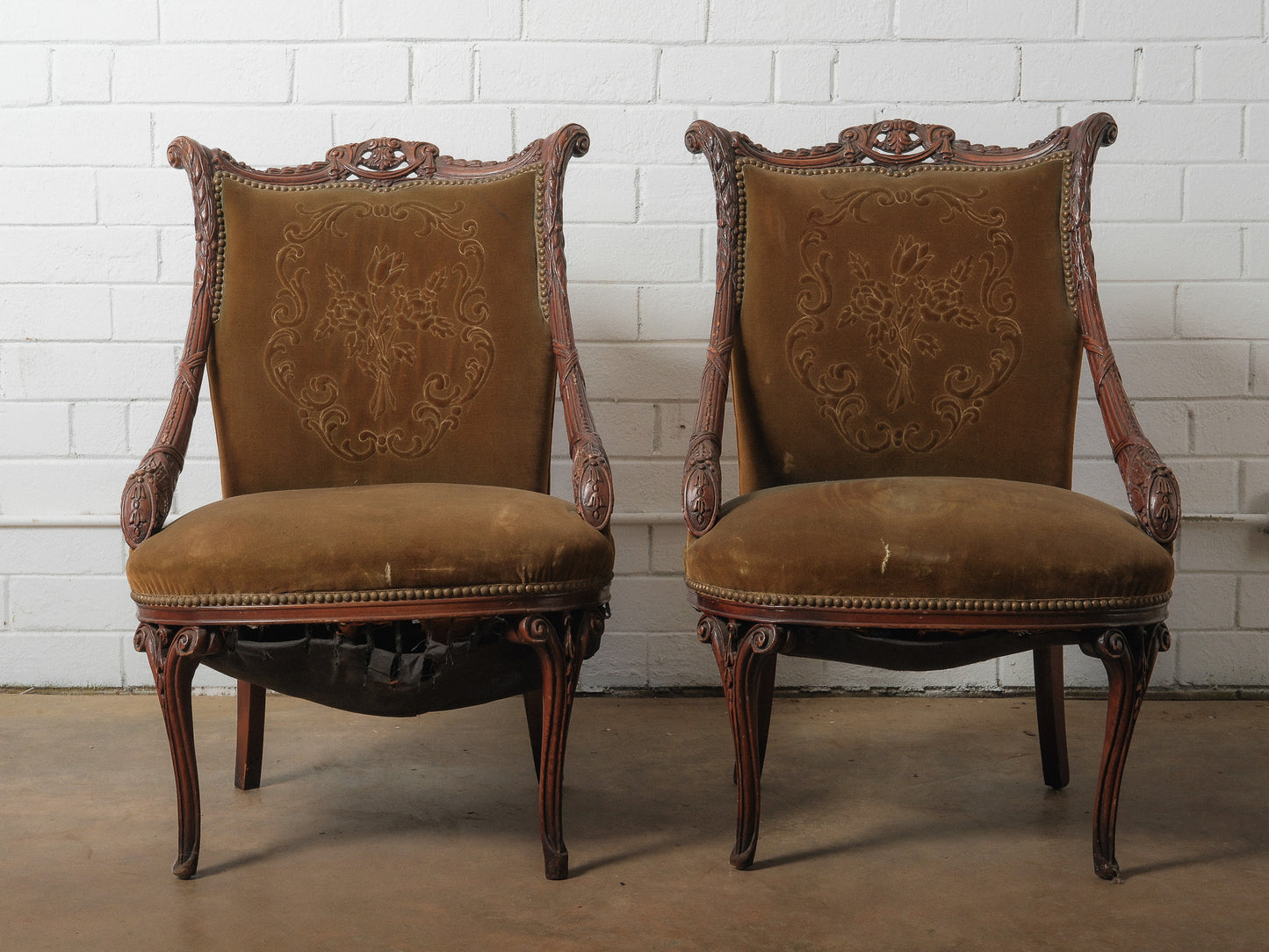Pair of Antique French Carved Walnut Armchairs with Velvet Upholstery