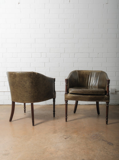 Pair of Vintage Green Leather Barrel Chairs with Turned Wood Legs and Nailhead Trim