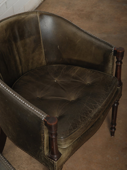 Pair of Vintage Green Leather Barrel Chairs with Turned Wood Legs and Nailhead Trim