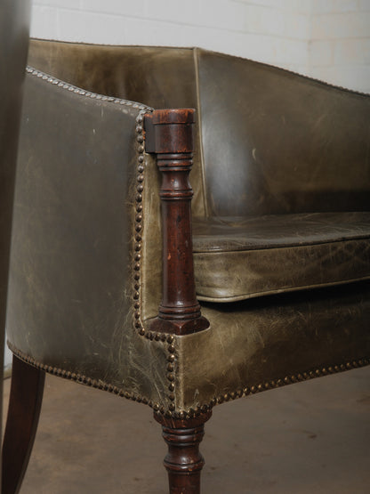 Pair of Vintage Green Leather Barrel Chairs with Turned Wood Legs and Nailhead Trim