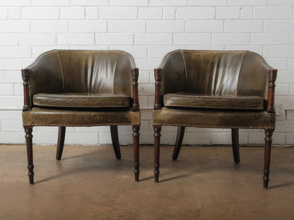 Pair of Vintage Green Leather Barrel Chairs with Turned Wood Legs and Nailhead Trim