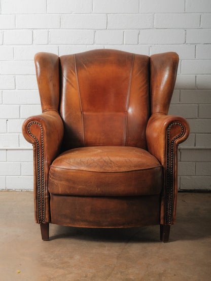 Antique French Leather Wingback Club Chair with Nailhead Trim