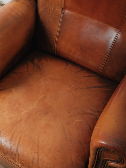 Antique French Leather Wingback Club Chair with Nailhead Trim