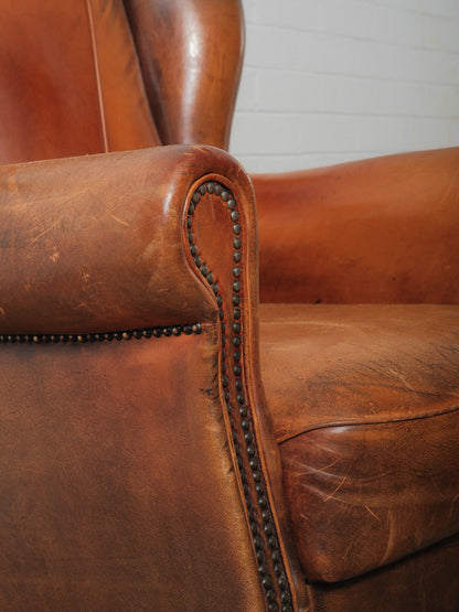 Antique French Leather Wingback Club Chair with Nailhead Trim