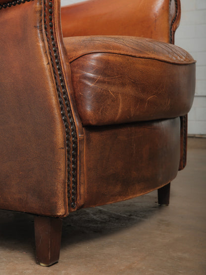 Antique French Leather Wingback Club Chair with Nailhead Trim