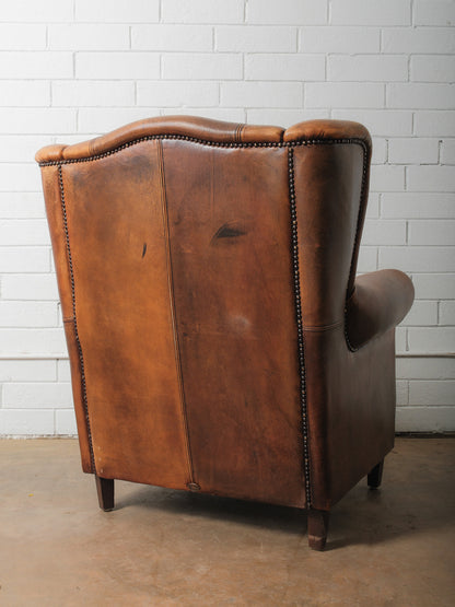 Antique French Leather Wingback Club Chair with Nailhead Trim