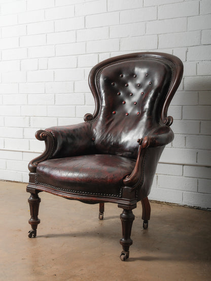 Antique Victorian Tufted Leather Armchair on Casters