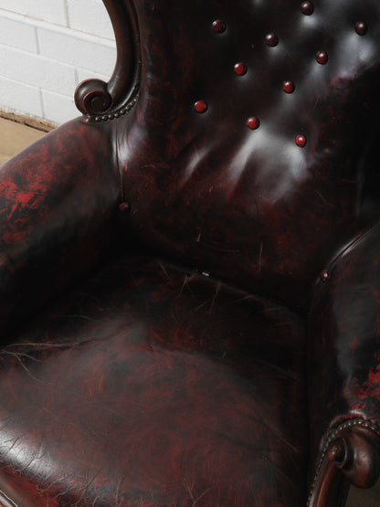 Antique Victorian Tufted Leather Armchair on Casters