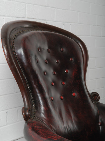 Antique Victorian Tufted Leather Armchair on Casters