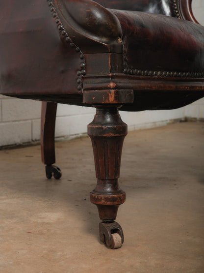 Antique Victorian Tufted Leather Armchair on Casters