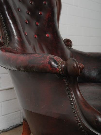 Antique Victorian Tufted Leather Armchair on Casters