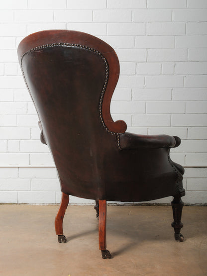 Antique Victorian Tufted Leather Armchair on Casters