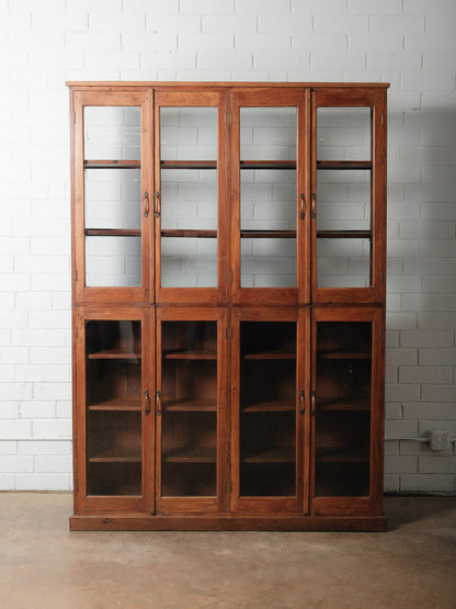 Rustic Teak Glass Front Display Cabinet with Four Double Door Sections