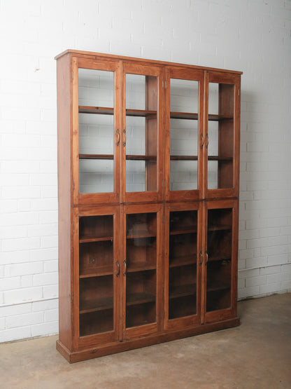Rustic Teak Glass Front Display Cabinet with Four Double Door Sections