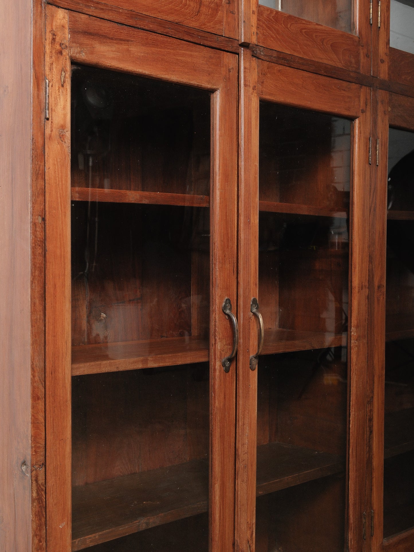 Rustic Teak Glass Front Display Cabinet with Four Double Door Sections